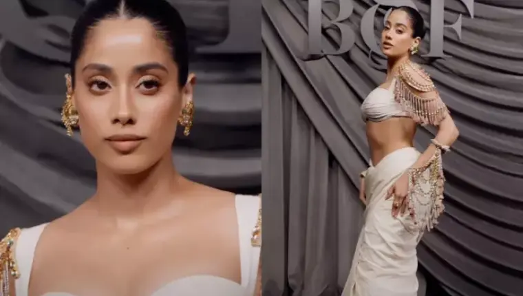 Janhvi Kapoor Wears Sculpted Saree and Bejeweled Blouse at BoF 500 in Paris