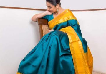 Vidya Balan Celebrates Maha Navami in Peacock Green Saree