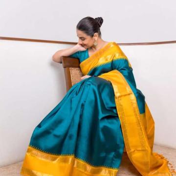Vidya Balan Celebrates Maha Navami in Peacock Green Saree