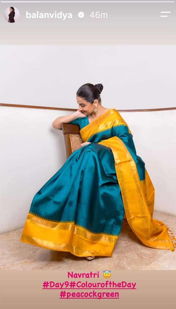 Vidya Balan Celebrates Maha Navami in Peacock Green Saree